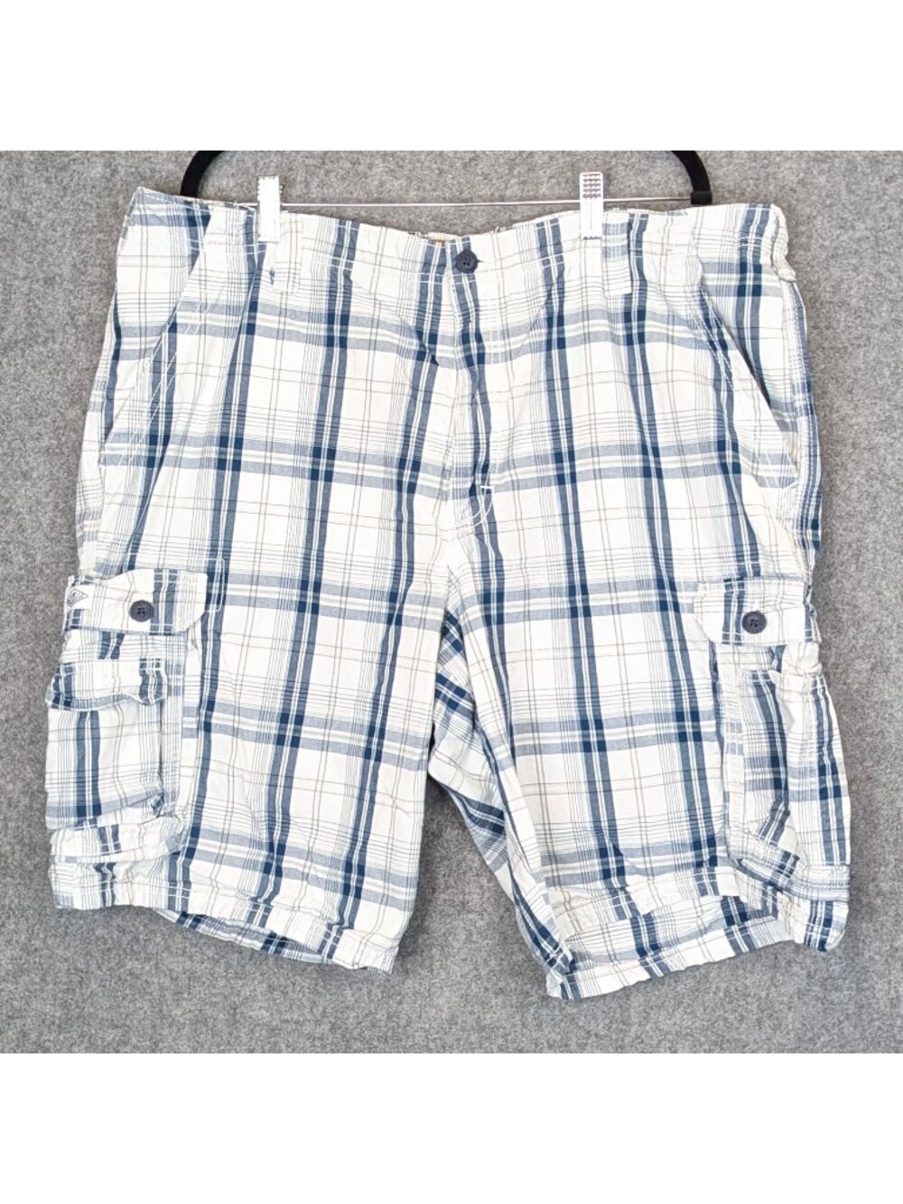 Lee Dungarees Mens Cargo Shorts 40 Plaid White Blue Cotton Casual